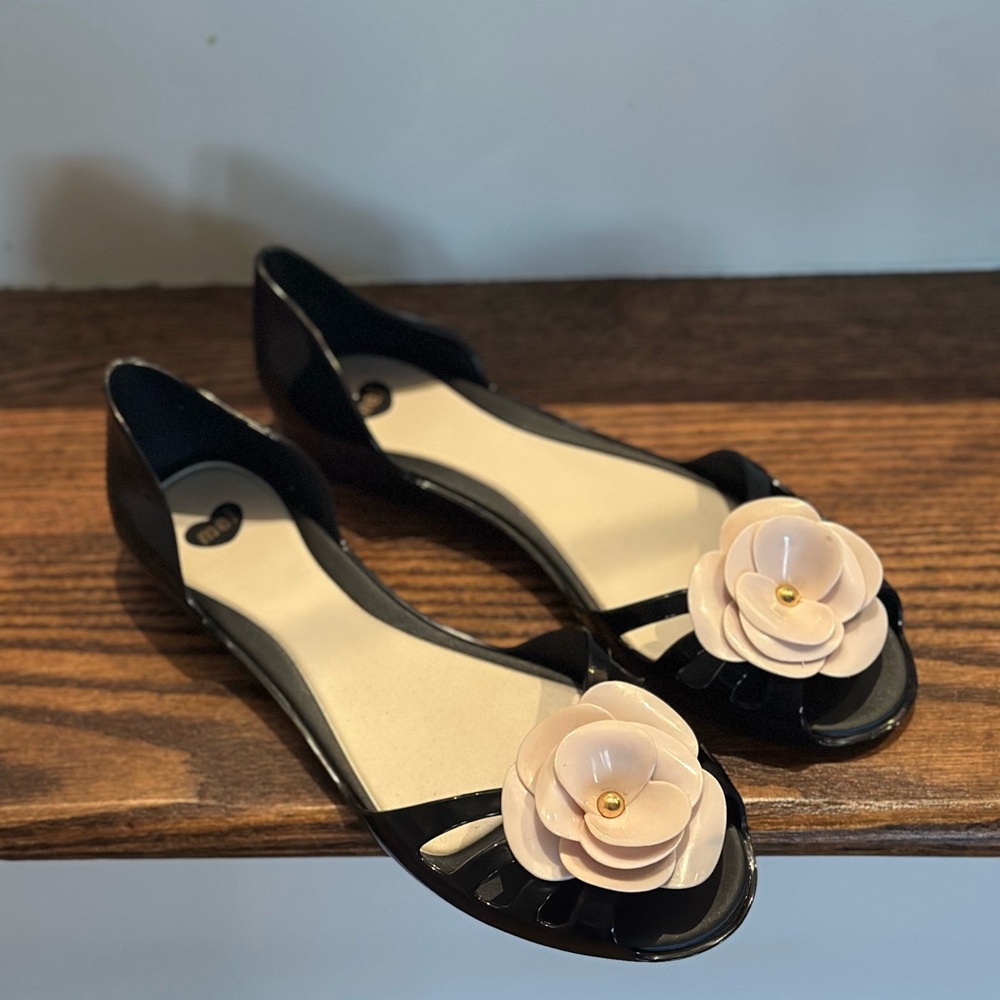 Melissa Black D'Orsay Flats with Blush Floral Accent